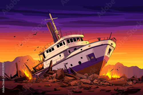 Ship damaged landscape illustration 