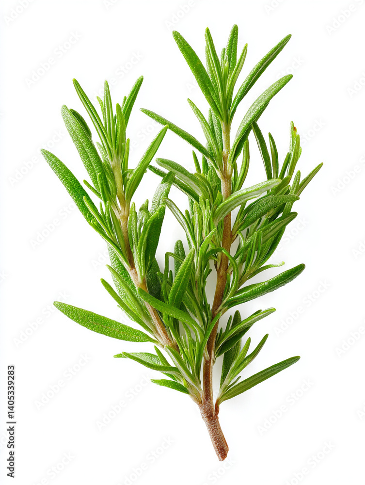 Fototapeta premium Rosemary sprig with needle-like leaves on white background