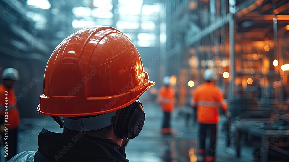 Industrial worker in protective gear inside a large facility. Industrial worker in protective gear inside a large facility.
