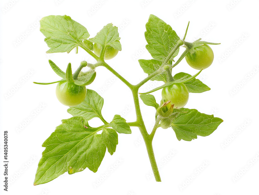 Fototapeta premium Young tomato vine with small green fruits on white background