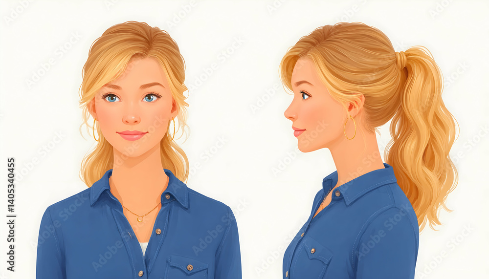 Blonde woman with ponytail, front and side profile views, wearing denim shirt. Generative AI Blonde woman with ponytail, front and side profile views, wearing denim shirt. Generative AI