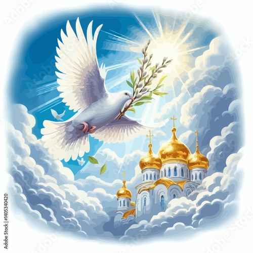 Elegant Palm Sunday Vector Illustration: Church Domes, White Dove, and Pussy Willow Branches