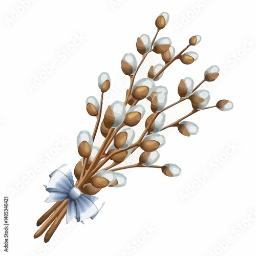 Vector Bouquet of Willow Branches with Ribbon – Palm Sunday Illustration
