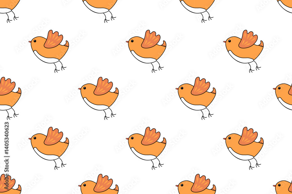 Obraz premium Beautiful seamless natural pattern, an orange bird with white belly on white background. Animal, wildlife. For wallpaper, textiles, packaging, background, website. Flat cartoon design.