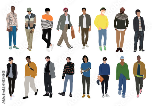 Set of different men wearing modern street style fashion outfit standing. Young handsome guys in autumn casual look. Cartoon style vector realistic illustration isolated.