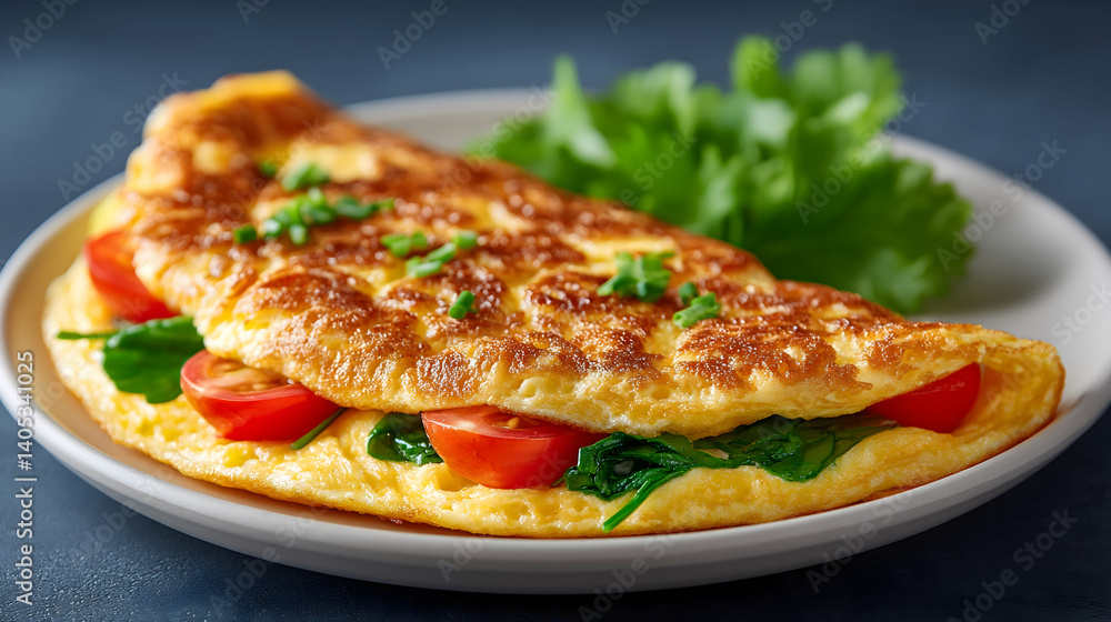Fluffy omelet filled with spinach, cherry tomatoes, and chives, served on a plate with a side salad. Generative AI Fluffy omelet filled with spinach, cherry tomatoes, and chives, served on a plate with a side salad. Generative AI