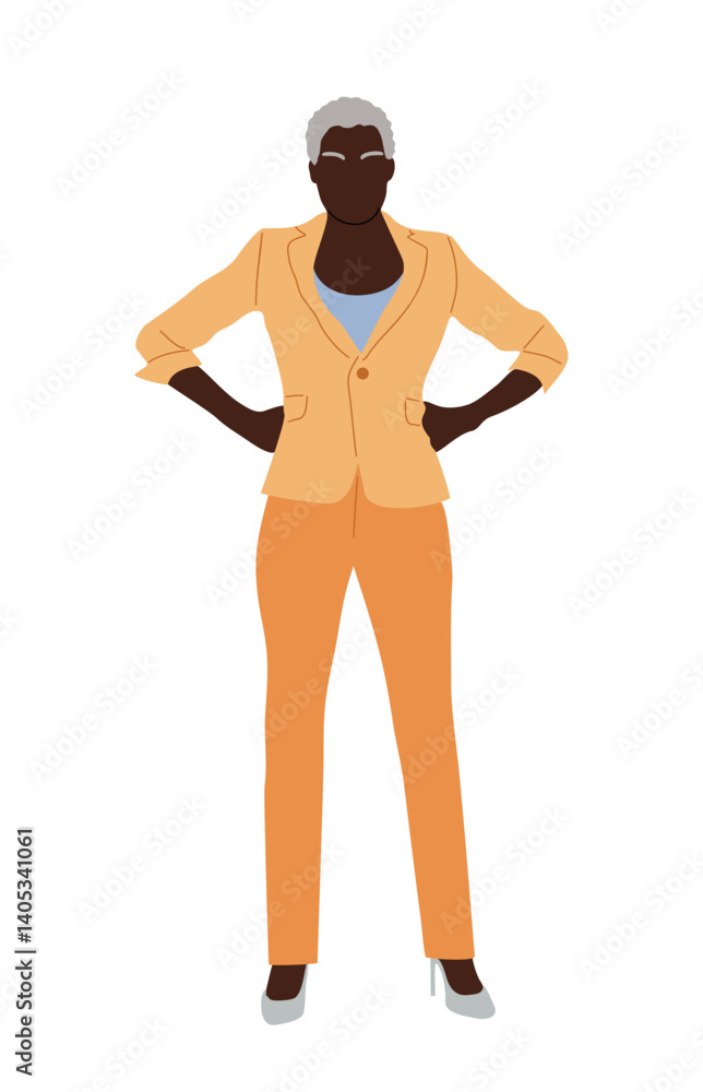 Fototapeta premium Modern black businesswoman standing in confident pose. Vector illustration of cartoon african american business woman in smart casual outfit, orange suit. Isolated on white background.