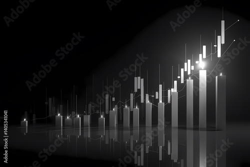 Wallpaper Mural Abstract black and white financial chart with candlesticks and an uptrend graph, symbolizing stock market progress in a minimalist design. Torontodigital.ca