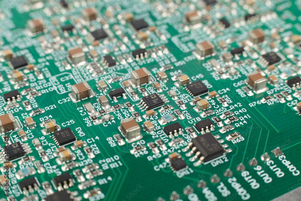 Electronic board close-up, modern electronic circuits