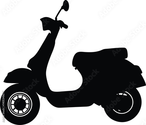Black and white silhouette of a scooter in a modern, bold vector style for urban and personal transport designs