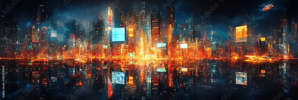 Fototapeta premium A dazzling neon-lit cyberpunk metropolis at night, with towering skyscrapers, holographic ads, and flying cars. Rain-soaked streets glow under vibrant pink and blue lights, creating a hyper-detailed d