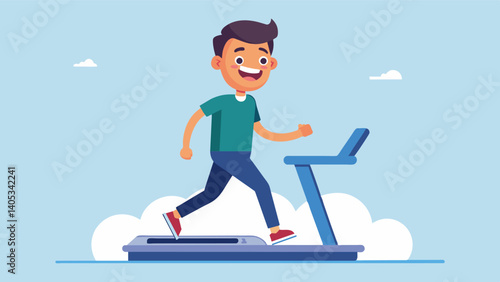 A man with a wide grin on his face as he confidently sets foot on the treadmill eager to conquer his gym anxiety once and for all.. Vector illustration
