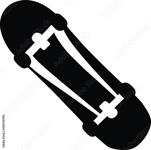 Black and white silhouette of a skateboard in a modern, bold vector style for extreme sports and urban designs