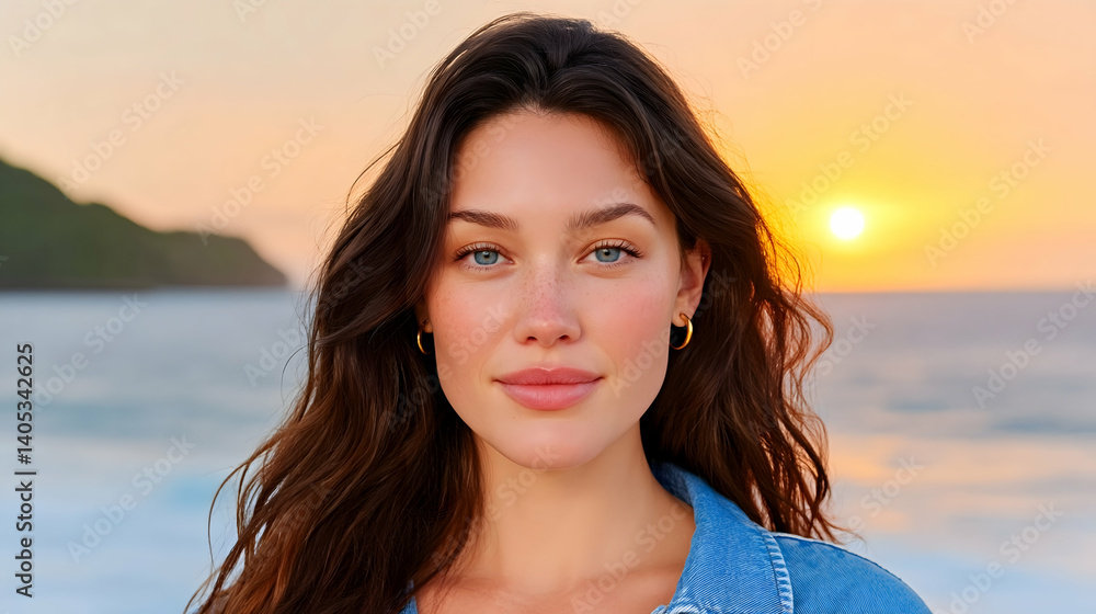 Serene woman with long brown hair and blue eyes at sunset beach. Generative AI Serene woman with long brown hair and blue eyes at sunset beach. Generative AI
