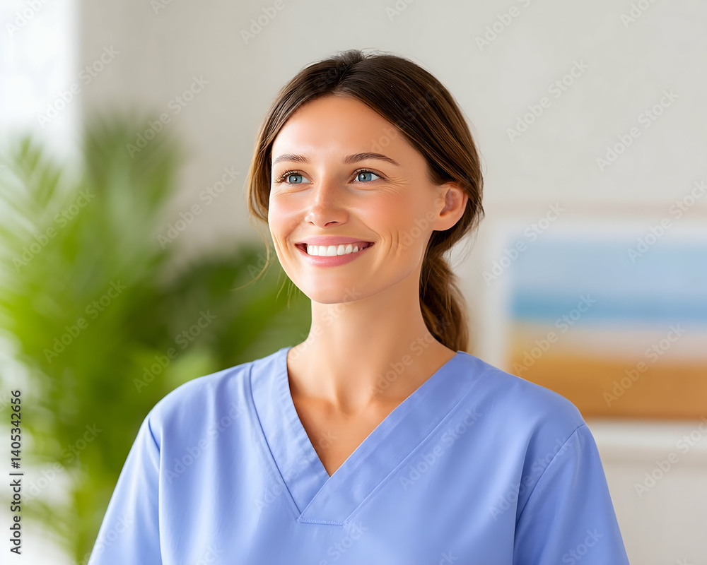 Smiling female healthcare professional in scrubs, looking thoughtfully towards the light. Generative AI Smiling female healthcare professional in scrubs, looking thoughtfully towards the light. Generative AI