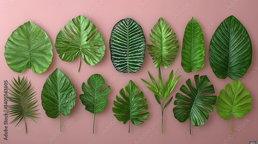 Naklejka premium Collection of Lush Green Tropical Leaves on Pink Background