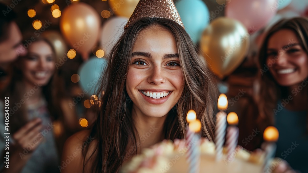 Young woman in a gold party hat smiles at a celebration with candles on cake and balloons around Young woman in a gold party hat smiles at a celebration with candles on cake and balloons around