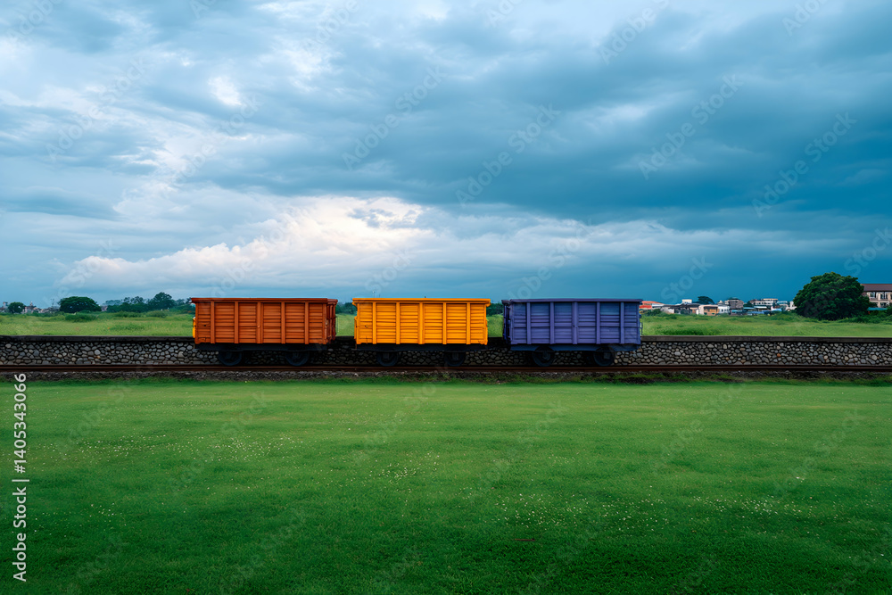 Obraz premium Three colorful freight cars on railway tracks against a dramatic sky and green field. Generative AI