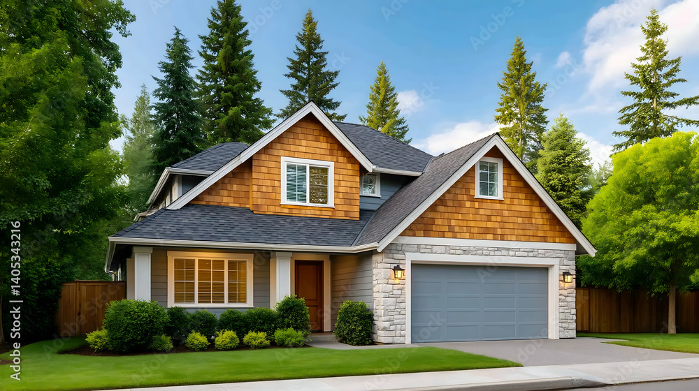 Two-story house with wood siding, stone accents, and a gray garage door, nestled amongst lush greenery. Generative AI Two-story house with wood siding, stone accents, and a gray garage door, nestled amongst lush greenery. Generative AI