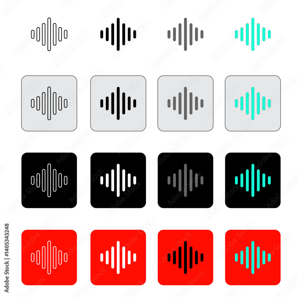 Black and white sound wave icons and colored buttons Black and white sound wave icons and colored buttons