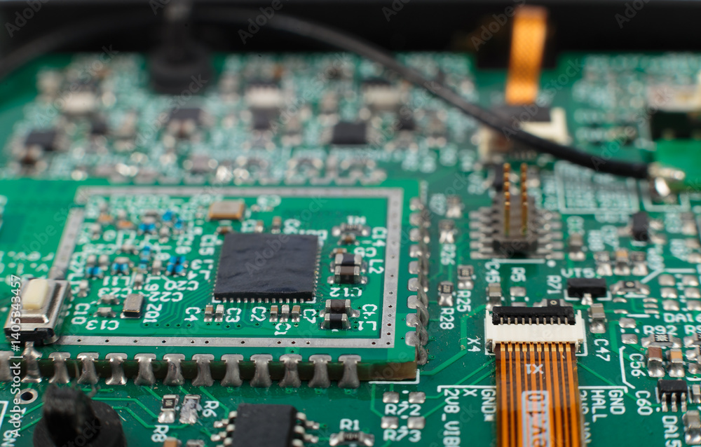 Electronic board close-up, modern electronic circuits