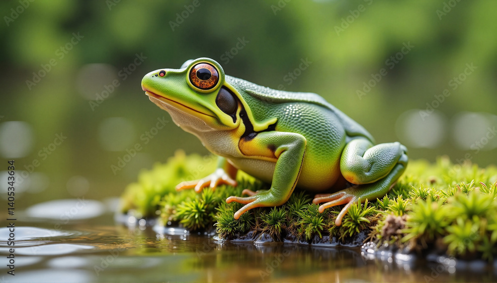 Vibrant tree frog perched on mossy bank by tranquil water, nature beauty Vibrant tree frog perched on mossy bank by tranquil water, nature beauty