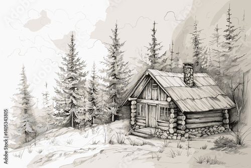 Abandoned house in winter, hand drawn sketch, rural landscape vector illustration in engraving style