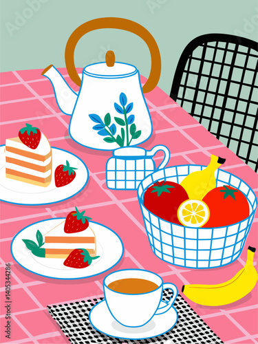Breakfast poster with a pink plate of croissants, a coffee maker, a candle, and a book. The table setting is simple and inviting, with the croissants, coffee providing a warm and comforting breakfast