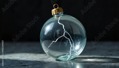 Cracked glass ornament on stone surface, holiday fragility