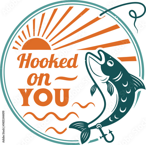 Black and white logo, circular design, bold typography, "HOOKED ON FISHING" text, silhouette of jumping fish, wavy water line, minimalist graphic, fishing theme, vector illustration, high contrast, ro