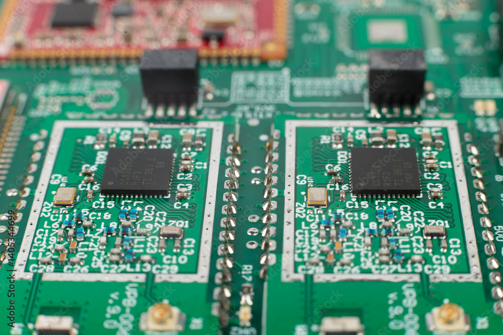 Electronic board close-up, modern electronic circuits