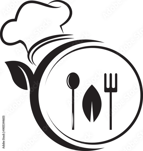 Organic natural restaurant icon logo with a chefs toque or hat over a crossed spoon and fork with  leaves and text on a white background