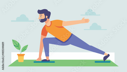 A man setting a goal to improve his flexibility and joining a yoga or Pilates class to help him achieve his desired level of flexibility.. Vector illustration