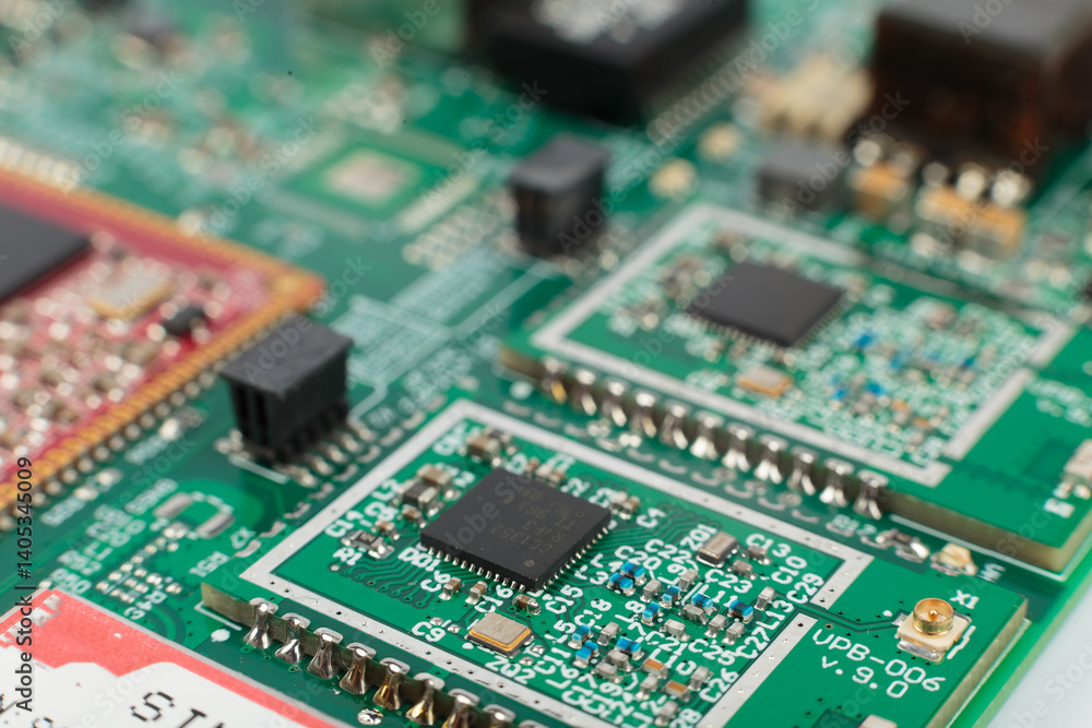 Electronic board close-up, modern electronic circuits