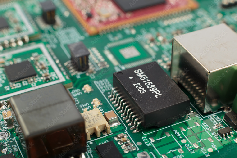 Electronic board close-up, modern electronic circuits
