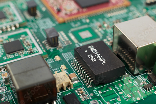 Electronic board close-up, modern electronic circuits