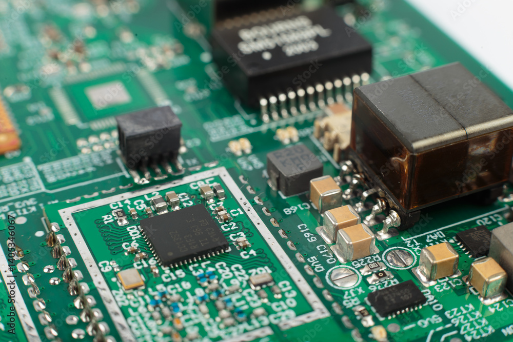 Electronic board close-up, modern electronic circuits