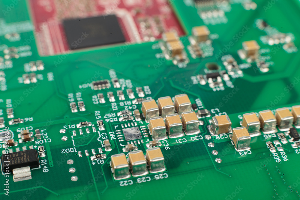Electronic board close-up, modern electronic circuits