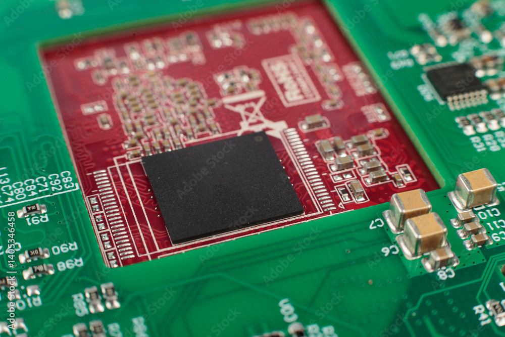 Electronic board close-up, modern electronic circuits