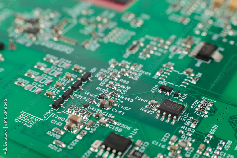 Electronic board close-up, modern electronic circuits