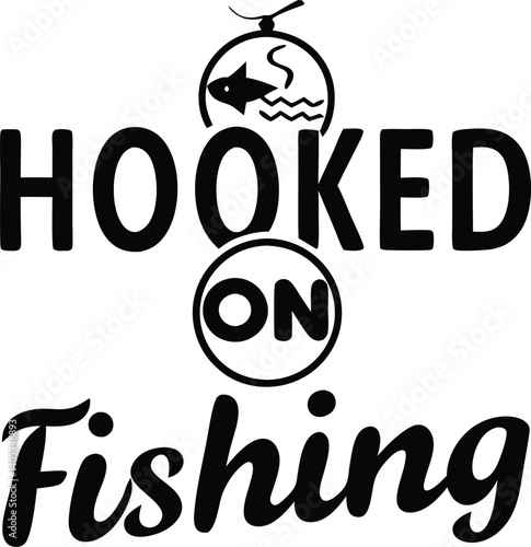Black and white logo, circular design, bold typography, "HOOKED ON FISHING" text, silhouette of jumping fish, wavy water line, minimalist graphic, fishing theme, vector illustration, high contrast, ro