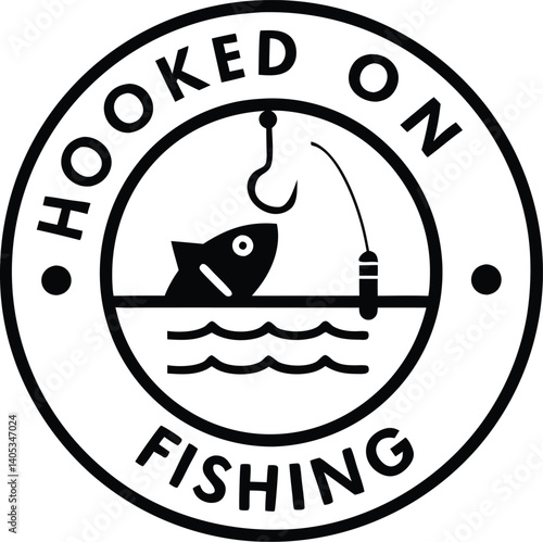 Black and white logo, circular design, bold typography, "HOOKED ON FISHING" text, silhouette of jumping fish, wavy water line, minimalist graphic, fishing theme, vector illustration, high contrast, ro