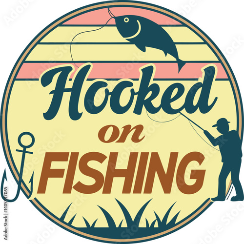 Black and white logo, circular design, bold typography, "HOOKED ON FISHING" text, silhouette of jumping fish, wavy water line, minimalist graphic, fishing theme, vector illustration, high contrast, ro