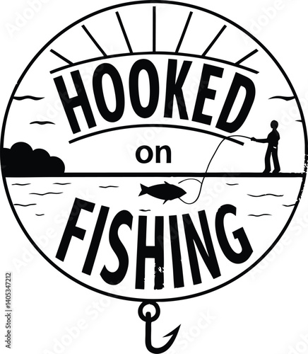 Black and white logo, circular design, bold typography, "HOOKED ON FISHING" text, silhouette of jumping fish, wavy water line, minimalist graphic, fishing theme, vector illustration, high contrast, ro