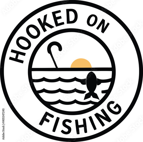 Black and white logo, circular design, bold typography, "HOOKED ON FISHING" text, silhouette of jumping fish, wavy water line, minimalist graphic, fishing theme, vector illustration, high contrast, ro
