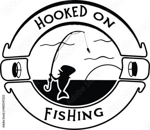 Black and white logo, circular design, bold typography, "HOOKED ON FISHING" text, silhouette of jumping fish, wavy water line, minimalist graphic, fishing theme, vector illustration, high contrast, ro