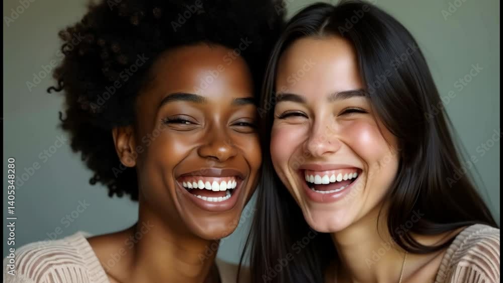Two joyful women share laughter in a bright room, both dressed in cozy sweaters and showcasing their warm smiles Two joyful women share laughter in a bright room, both dressed in cozy sweaters and showcasing their warm smiles