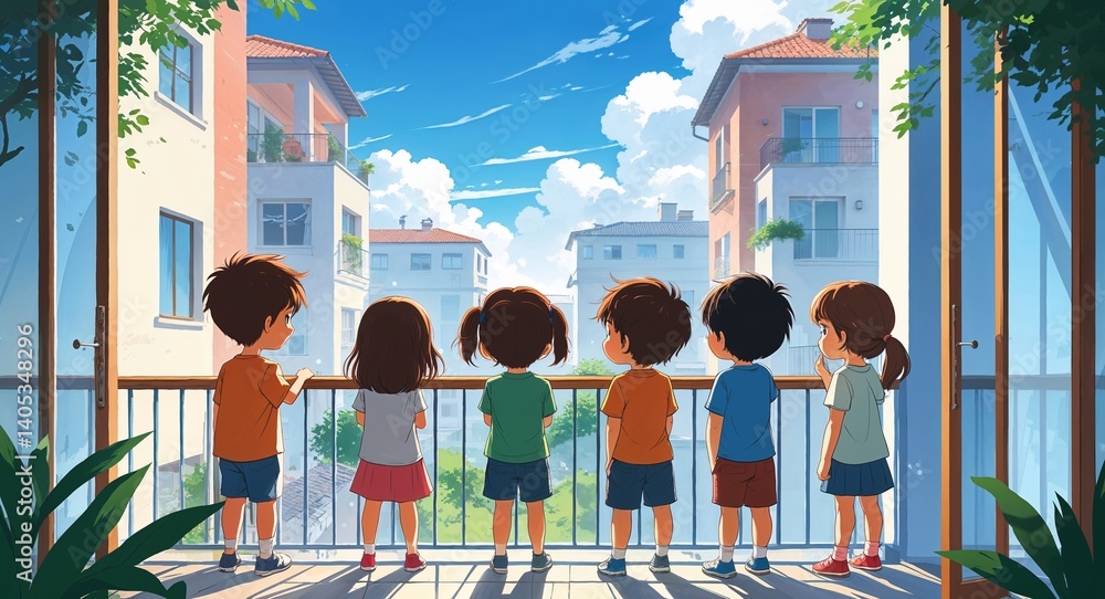 kids child group in balcony view background portrait cute anime cartoon illustration