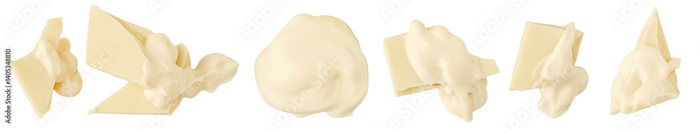 Isolated white creamy Chocolate bar pieces on white background. Collection Vanilla Chocolate chunks with melting chocolate sauce. Package design element. Top view. Flat lay. Isolated white creamy Chocolate bar pieces on white background. Collection Vanilla Chocolate chunks with melting chocolate sauce. Package design element. Top view. Flat lay.