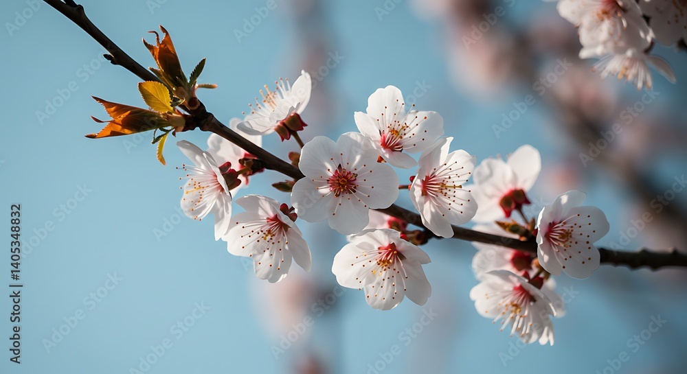 Blossoming Tree Branch with White Flowers and Blue Sky Background Blossoming Tree Branch with White Flowers and Blue Sky Background